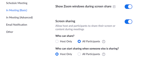 Zoom account share settings